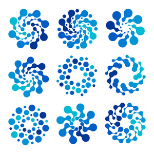 孤立的抽象圆形状蓝颜色标志集，点缀白色背景上的水元素矢量图标识集合