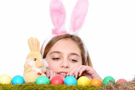 快乐复活节彩蛋，兔子耳中的女孩兔