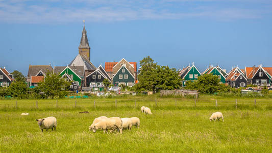 传统的荷兰村庄与多彩的木房子的全景