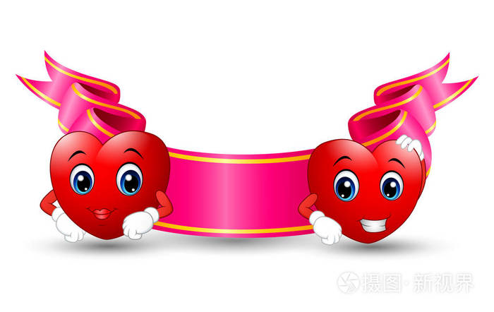 两个笑脸卡通红心用彩色丝带粉红色白色背景上
