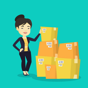 仓库中的文本框,检查的女商人照片