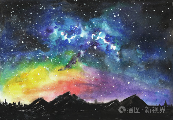 山,夜晚的天空,星星,空间.水彩手绘插图