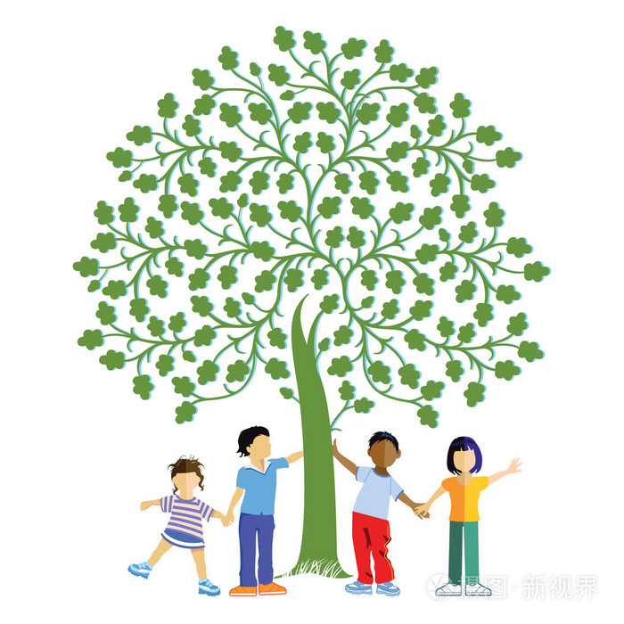 孩子们在一起在一棵树下