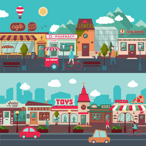 购物街水平横幅街头食品和饮料滑稽小贩.卡通矢量插画.