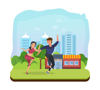 情侣在公园里，背景下的城市景观和咖啡馆里跳舞