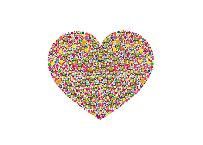 五彩斑斓的彩虹的五彩纸屑在心的形状。矢量