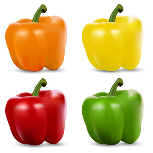 向量集的颜色为黄色绿色橙色和红色甜保加利亚辣椒，辣椒粉孤立在白色背景上