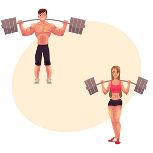 男人和女人的健美 举重锻炼 培训与杠铃