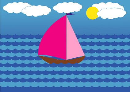 与浮在海面上的鲜红巨帆游艇