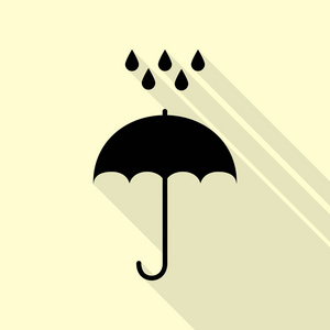 水滴的伞。雨保护标志。平面设计风格。与平面样式阴影路径奶油背景上的黑色图标
