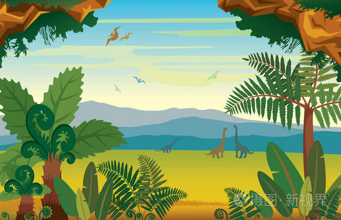 史前恐龙, 山与植物景观插画-正版商用图片0nzj2d-摄图新视界