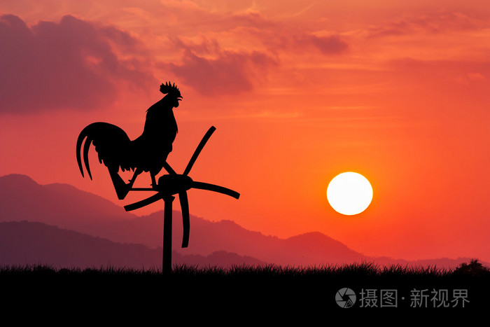 公鸡乌鸦站在一台风力发电机.在早晨日出坝