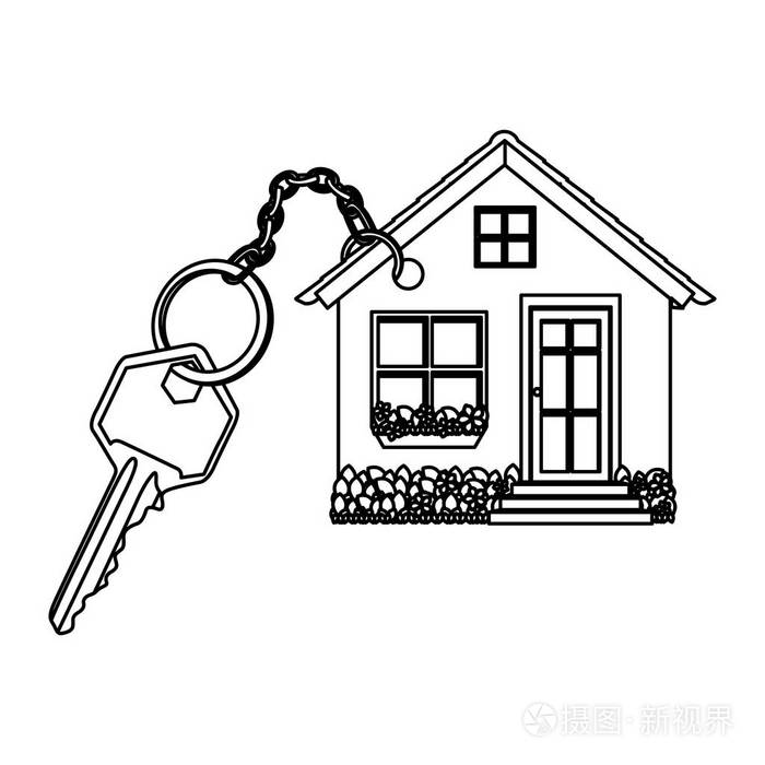 剪影现实金属键与房子形状的匙扣