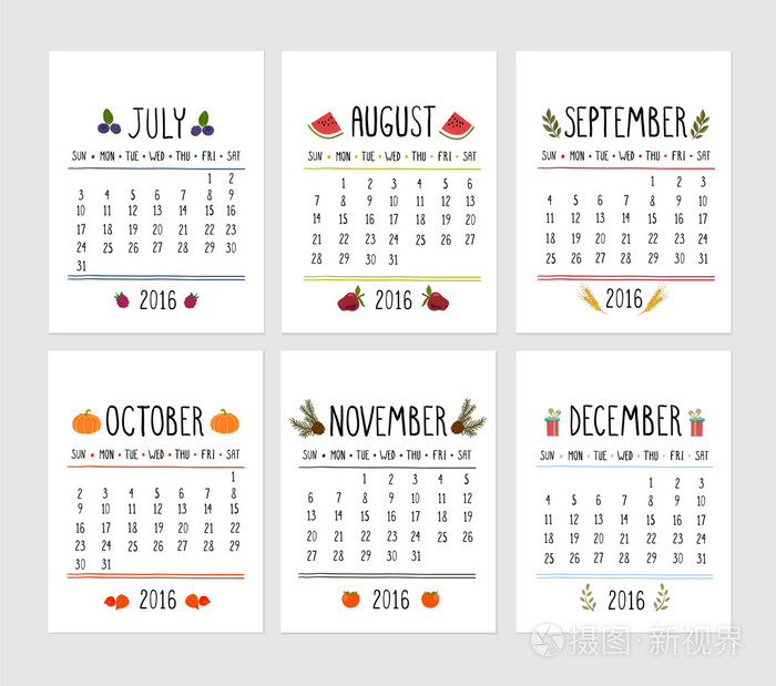 月历2016年插图的 12 个月
