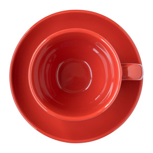 空的红色杯子和茶碟顶部查看孤立在白色
