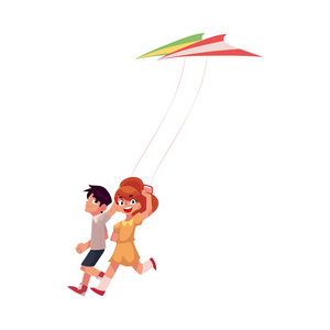 两个朋友，男孩和女孩，五颜六色的风筝与运行
