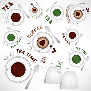 杯茶和咖啡，grunge 刻字的抽象对象