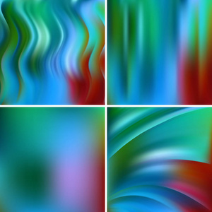 组的四个方形背景。抽象矢量图的彩色背景模糊光行。弯曲的线条。棕色 绿色 蓝色的颜色