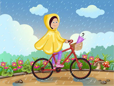 在雨衣骑一辆自行车，雨下的女孩