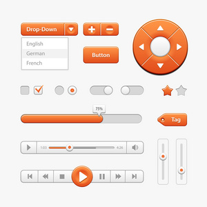 橙色的光用户界面控件。Web 元素。网站 软件 Ui 按钮 切换器，下拉 导航栏 菜单
