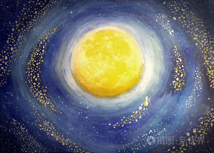 水彩水粉画插图满月在夜空中