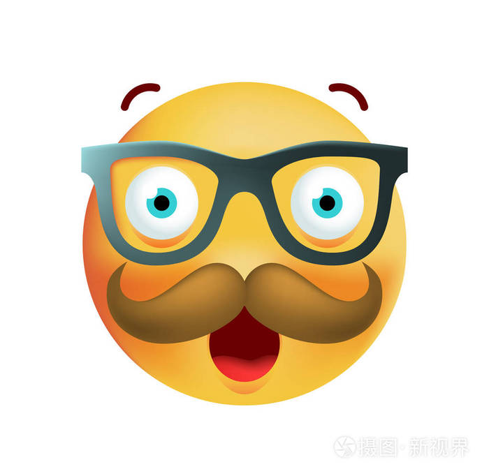 与小胡子和眼镜白色背景上的可爱表情.孤立的矢量图