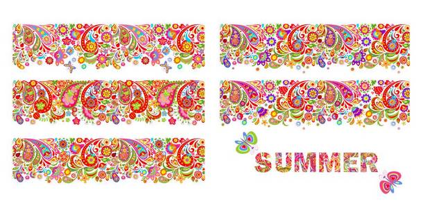 夏日多彩花边框集合和打印与夏天花刻字