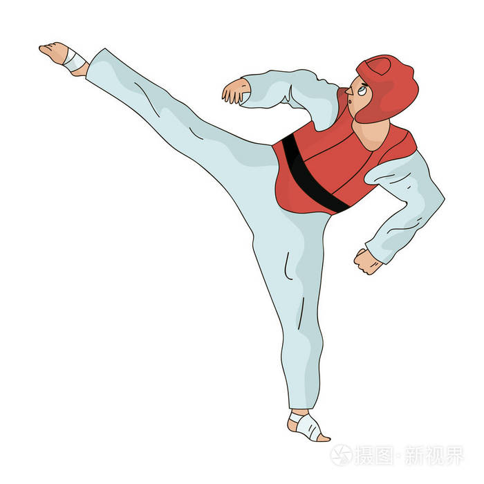 跆拳道在白色的和服和红色保护运动.
