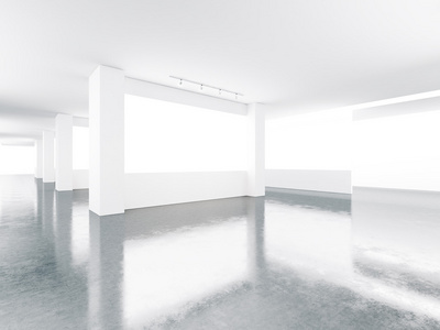 博物馆内部有混凝土地板的空白屏幕。 3D渲染