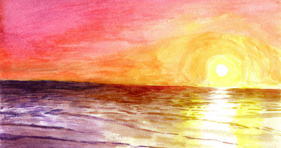 在水彩海洋的夕阳