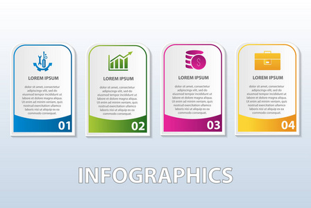 矢量图。模板的图表形式的圆角矩形。有四个步骤的 3d 风格。用于商业展示 教育 网页设计。文本和图标的地方