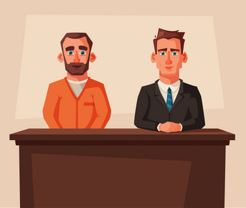 严肃的律师坐在法庭和被告的桌旁。卡通矢量插画。人物设计
