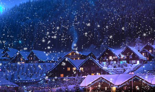 在冰雪覆盖的冷杉树林里的童话房子照片