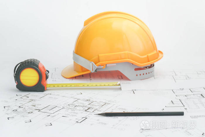建筑师工作场所建筑工具蓝图头盔卷尺建设理念工程工具