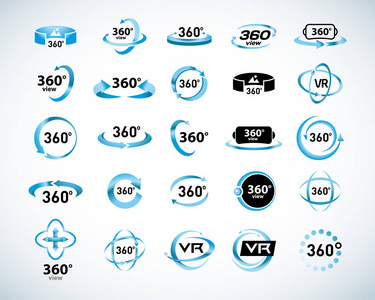 360度视图矢量图标设置。虚拟现实图标。孤立的矢量插图。蓝色版本