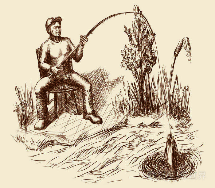 渔夫在岸上与钓鱼竿和鱼