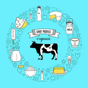 一头牛和一套健康的乳制品，面向在蓝色背景上的一个圆。健康饮食，有机产品。矢量图