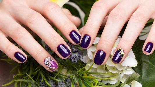 女性的手指上拍摄的美丽指甲花。指甲设计。特写
