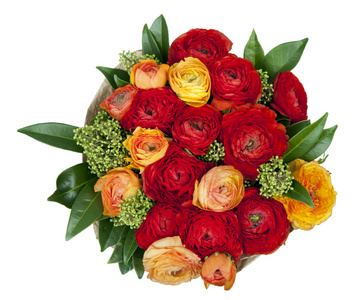 红色和橙色的 Ranunkulyus 的花束