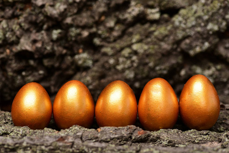 与传统复活节金树树皮鸡蛋在木头，古董