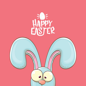 复活节兔子与书法文本快乐复活节孤立在粉红色的背景。矢量复活节贺卡与蓝色兔子耳朵