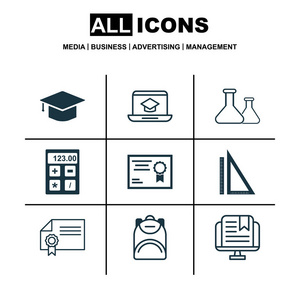 9 学校图标集。包括化学 远距离学习 电子工具和其他符号。漂亮的设计元素