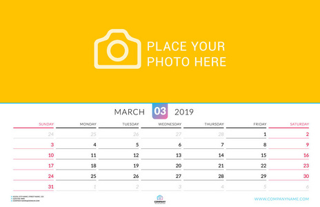 2019年3月的挂历。矢量设计打印模板与位置的照片。星期从星期日开始。景观定位