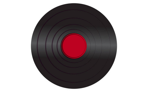 黑色彩虹乙烯基音乐模拟复古旧古董时髦的老式留声机记录与红色中心的留声机在白色背景。矢量插图