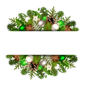 圣诞节横幅与绿色和银色冷杉的枝条 球 锥 冬青树和槲寄生。矢量 eps10