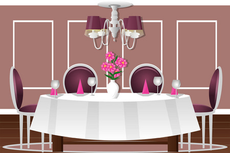 内政部的一间餐厅.矢量图.卡通.表四人 舒适的厨房 菜 花照片