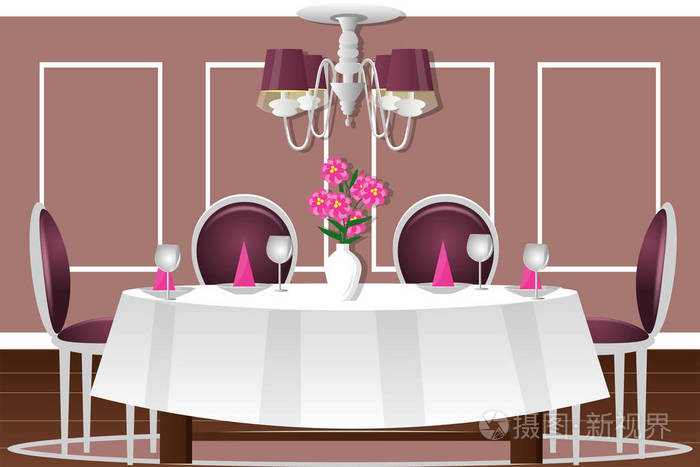内政部的一间餐厅矢量图卡通表四人舒适的厨房菜花