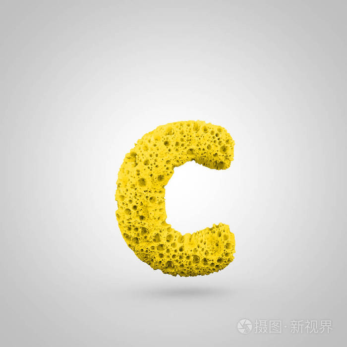 海绵字母 c 小写.3d 白色背景下黄色海绵字体的渲染