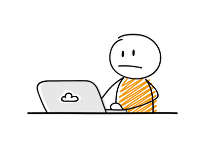滑稽的商人卡通 stickman 在他的笔记本电脑上工作。混淆面部表情。向量
