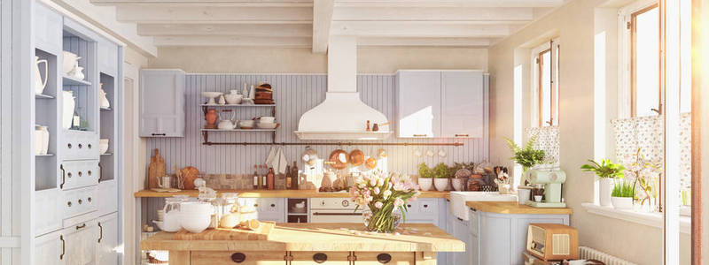 复古厨房在一座有太阳耀斑的小屋里。3d 渲染